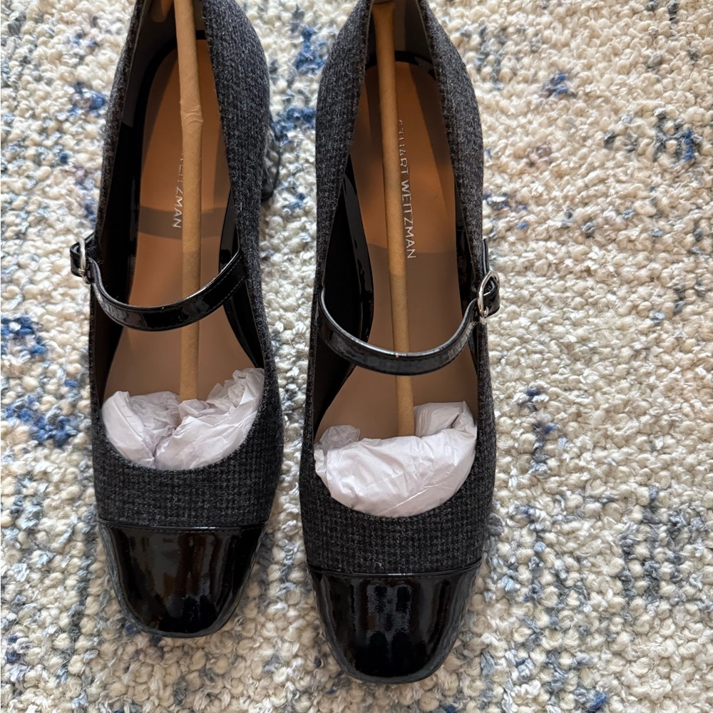 NEW with bag and shoe box. Staurt Weitzman Black and Gray Mary Jane Heels - Picture 2 of 7